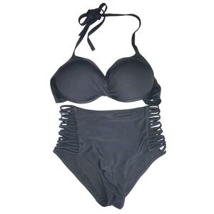 Hollister Swim Black High Waist Bikini Set Halter Top Strappy Sides XS